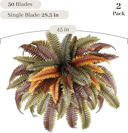 KOL 2-Pack 45in Artificial Boston Ferns, Autumn Faux Fern Bushes with Bendable Stems for Hanging or Floor Display, Living Room Wedding Indoor Outdoor Decor
