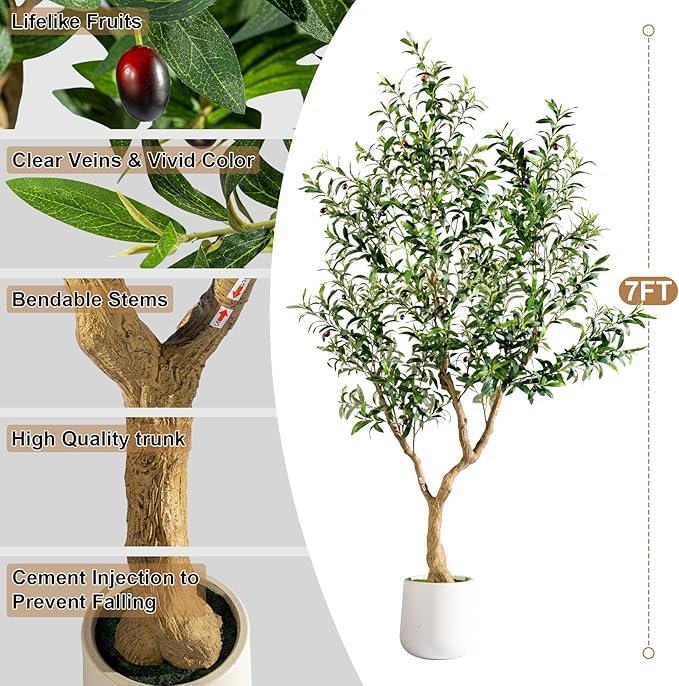 7FT Artificial Olive Tree Artificial Olive Plants, Tall Faux Olive Tree Faux Silk Plant Fake Plant Ultra-Realistic Silk Leaves & Natural Trunk Indoor Outdoor Use