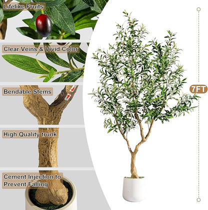 7FT Artificial Olive Tree Artificial Olive Plants, Tall Faux Olive Tree Faux Silk Plant Fake Plant Ultra-Realistic Silk Leaves & Natural Trunk Indoor Outdoor Use