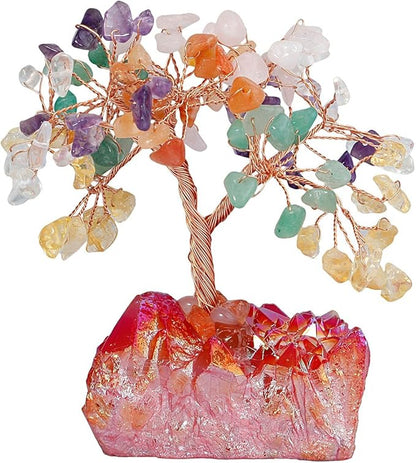 mookaitedecor Colorful Crystal Tree, Quartz Cluster Red Titanium Crystals Base Bonsai Money Tree for Wealth and Luck