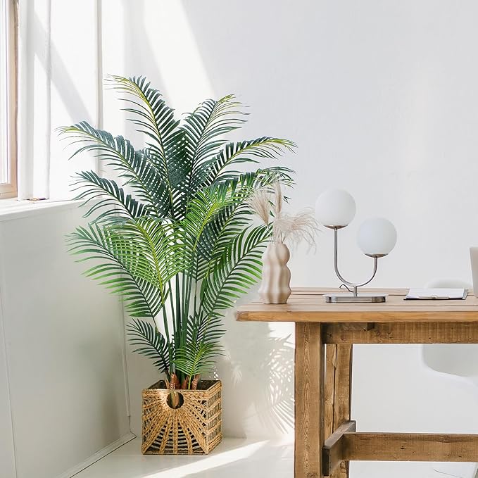 Artificial Tropical Palm Plant - 5 Ft Tall Faux Palm Tree with Plastic Pot for Office and Home Decor, Indoors and Outdoors, Housewarming Gift, K1502PCS