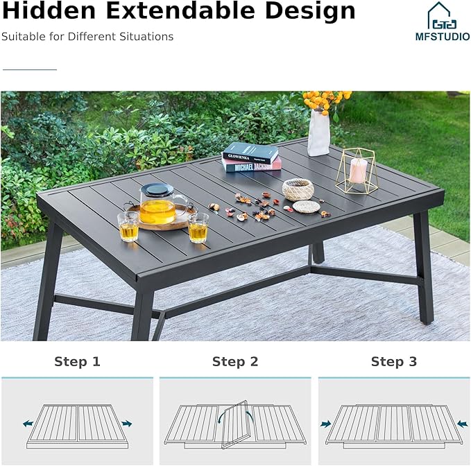 MFSTUDIO Outdoor Dining Set for 6, Expandable Patio Table and Chairs Set, 7 Piece Patio Furniture Set for Deck/Backyard/Poolside/Garden