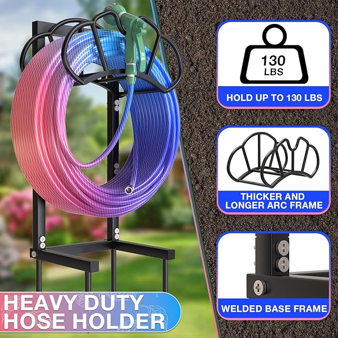 New Garden Hose Holder, Super Stable Water Hose Holders Stand Holds 160-Feet Hose, Detachable Freestanding Hose Storage Hanger Rack for Outside Yard Lawn Farm, Black