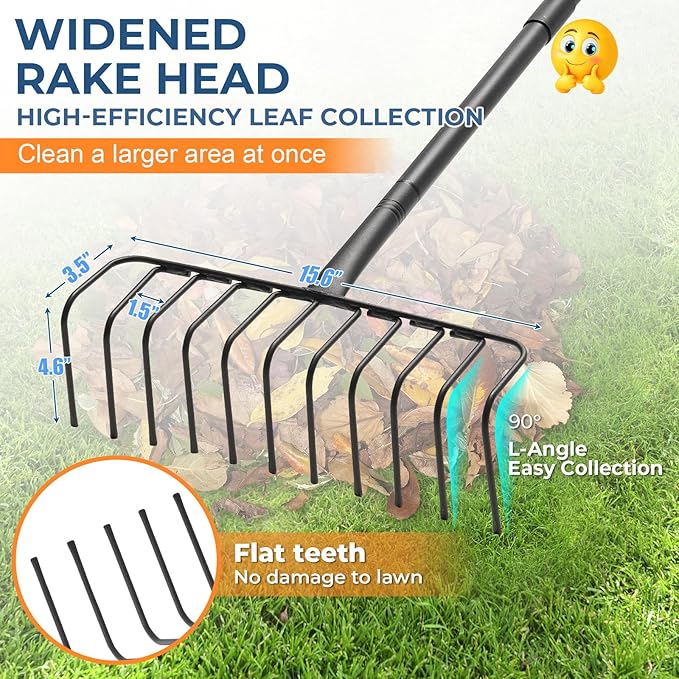 L-Shaped Garden Rake with Oversize Head - 72" Adjustable Lightweight Metal Rake for Thatch, Leaves, Hay, Mulch - Efficient Yard Tool for Quick Cleanup, Effortless Collecting Cleaning