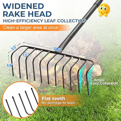 L-Shaped Garden Rake with Oversize Head - 72" Adjustable Lightweight Metal Rake for Thatch, Leaves, Hay, Mulch - Efficient Yard Tool for Quick Cleanup, Effortless Collecting Cleaning