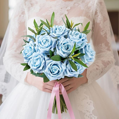 Fake Roses Faux Flowers Silk Roses 12PCS Artificial Roses with Stems Realistic Artificial Flowers Suitable for Indoor Home Decoration Diy Bouquet Wedding Decor Party Decoration （Blue）16.5“