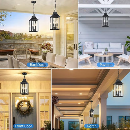 Large Outdoor Pendant Light Fixtures 3-Light, 15'' Dusk to Dawn Exterior Hanging Lantern Porch Light Adjustable, Black Hanging Lamp Farmhouse Exterior Chandelier Ceiling Mount for Entrance Patio