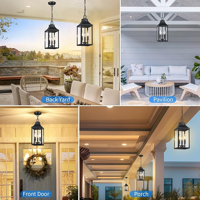 15'' Large Outdoor Pendant Light Fixtures 3-Light, Dusk to Dawn Exterior Hanging Lantern Porch Light Adjustable, Black Hanging Lamp Farmhouse Exterior Chandelier Ceiling Mount for Patio, 1Pack