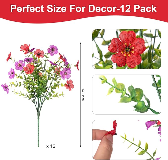 Artificial Fake Mums Flowers for Outdoor Fall Decor, 12 Bundles Faux Silk Plants Daisy for Planter Pot Colorful UV Resistant Look Real for Front Door Porch Patio Outside Yard(Red Purple)