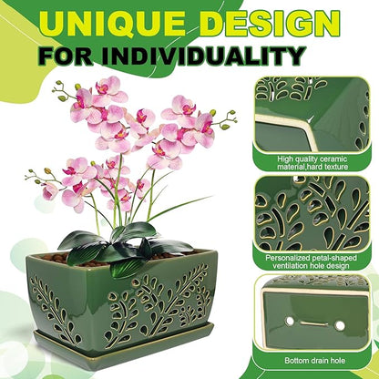 Ceramic Orchid Pot, 10 Inch Orchid Pots with Holes, Premium Thickened Handmade Glazed Pot for Orchidaceae Plants, Indoor Outdoor Decorative Flower Pots for Easy Repotting