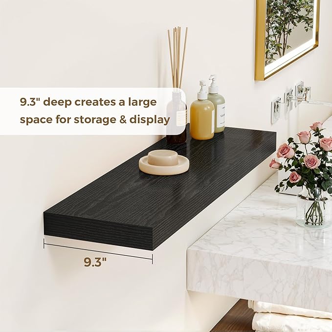 Dreamland 36 Inches Floating Shelves for Wall, 9.3" Deep Long Floating Shelves Set of 2, Large Display & Storage Shelf, Wall Shelf for Bathroom Bedroom Living Room Kitchen Office, Black