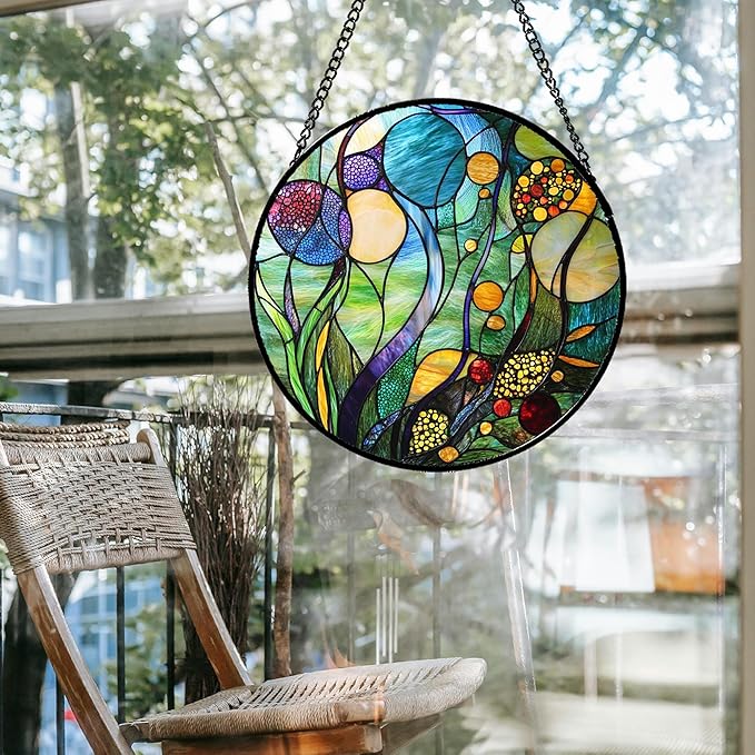 Stained Glass Window Hanging Blue Ocean Water Plants Flower Large 11.8" - Suncatcher Door Garden Sun Catcher Home Decor Birthday Christmas for Mom Men Woman Nana Friend