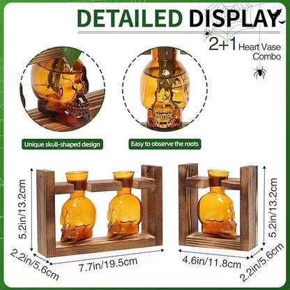 2+1 Plant Terrarium Plant Propagation Station Gifts for Father Halloween Skull Home Office Decor with Wooden Stand