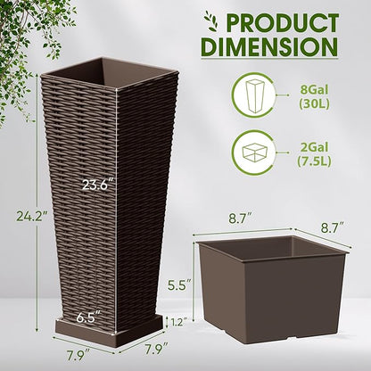 Devoko Resin Tall Planters with Tray for Outdoor Plants Set of 2, Large Taper Outdoor Planter Pots with 4 Drainage Holes, Flower Pots Modern Decor for Porch, Patio, Backyard, Garden(Brown, 24")