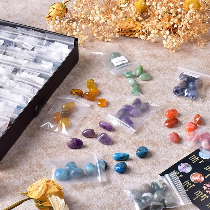 Polished Healing Crystal Stones Set, 36 Different Natural Gemstone Types, 2.5 lbs of 0.5" Tumbled Decorative Rocks Collection for Chakra, Meditation, Reiki, Energy Work, Crafts