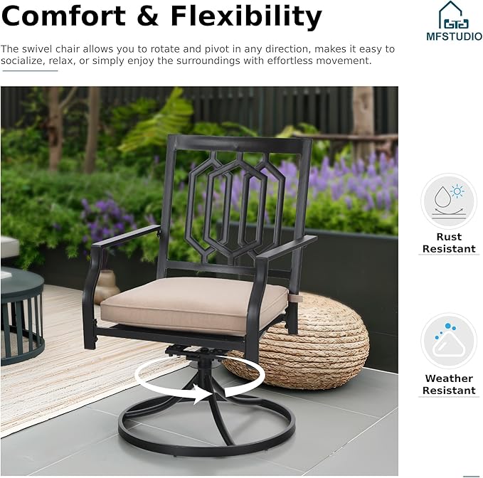 MFSTUDIO Patio Dining Set for 6, Outdoor Table and Chairs Set with Umbrella Hole, Patio Furniture Set for Deck Backyard Poolside Garden, 7 Piece Metal Outdoor Dining Set