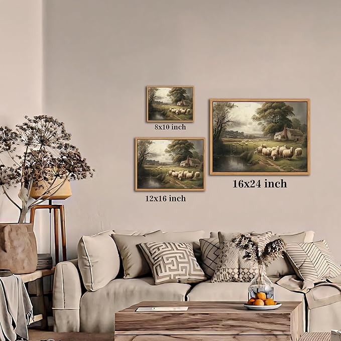 SAMHOU Floating Framed Canvas Wall Art, Vintage French Country Nature Landscape Wall Decor, Meadow Flock of Sheep Poster Prints Picture for Farmhouse Living Room Bedroom Home Decor 12x16 inch