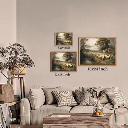 SAMHOU Floating Framed Canvas Wall Art, Vintage French Country Nature Landscape Wall Decor, Meadow Flock of Sheep Poster Prints Picture for Farmhouse Living Room Bedroom Home Decor 12x16 inch