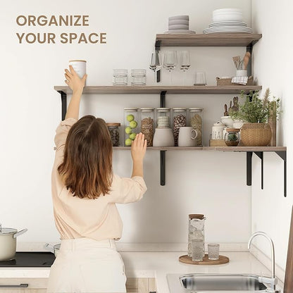 Fun Memories Floating Shelves for Wall, 12 Inch Deep Floating Shelves Set of 2, Wall Mounted Shelf with Metal Brackets, Rustic Wood Wide Shelf for Bathroom, Kitchen and Living Room, Grey, 48W x 12D