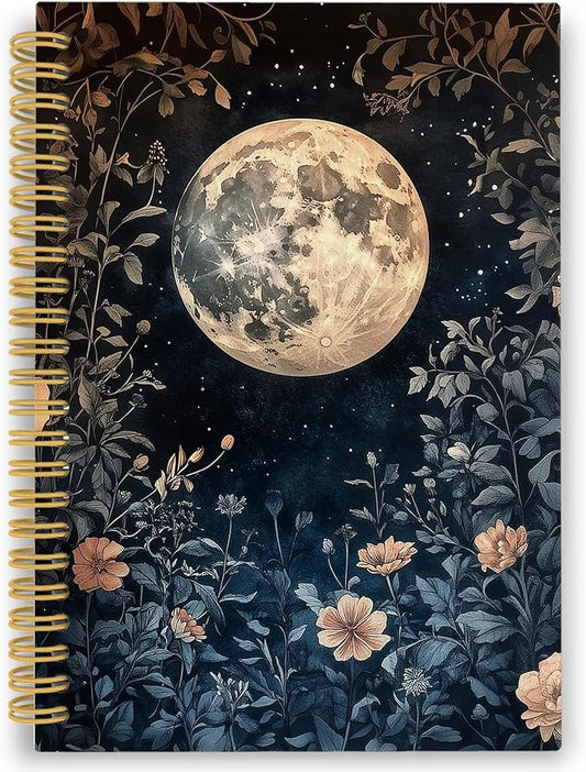 XPH Vintage Floral Moon Spiral Notebook, Dark Cottagecore Botanical Flower Journaling Notebooks for Women, Floral Aesthetic Hardcover Journals for Writing 160 Pages 5.5 x 8.3 Inch, Moon Gifts