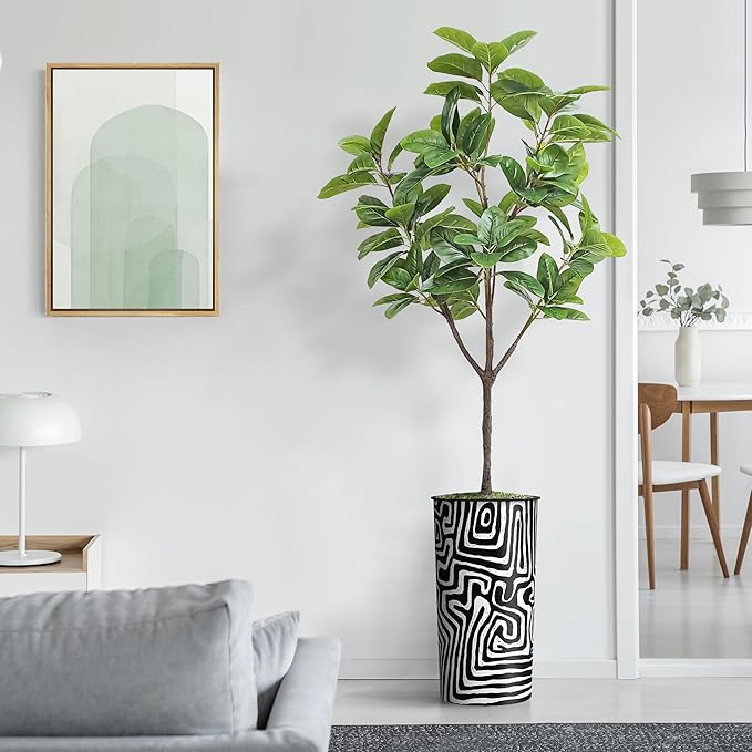 Artificial Tree in Modern Geometric Pattern Planter, Fake Rubber Silk TRE for Indoor and Outdoor Home Decoration - 70" Overall Tall (Plant Pot Plus Tree)