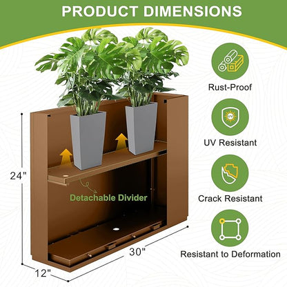 Metal Planter Box Rectangular Planter Box with Drainage Hole, Outdoor Large Planters, All-Weather Use, Rust-Resistance, for Flowers Plants, 29.9" L × 12" W × 24" H, Brown