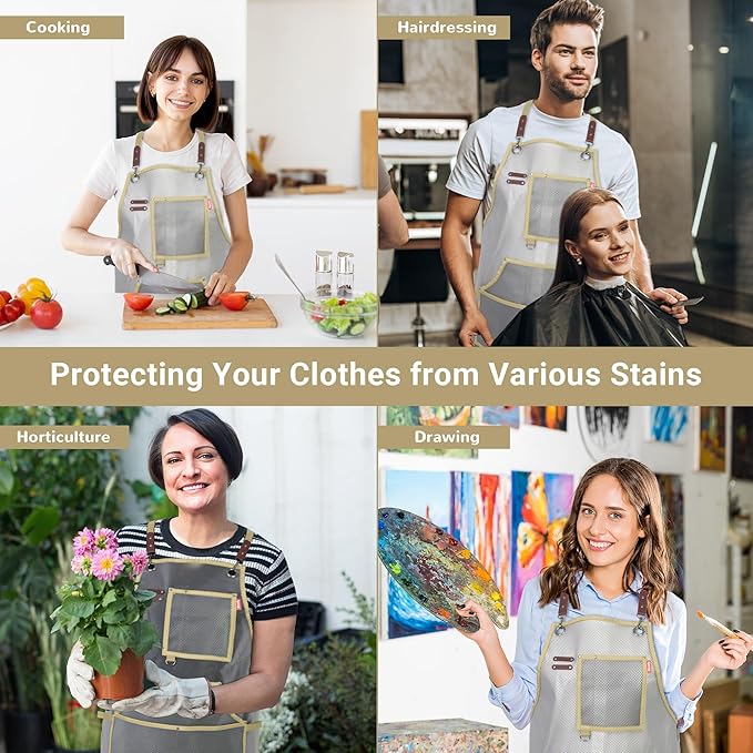 Waterproof Work Apron for Chefs, Hair Stylists, Artists, Gardeners, Adjustable, Multi-Pockets, TPU Mesh Fabric, Plus Size