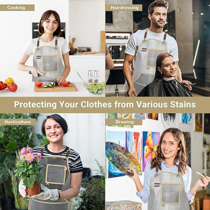 Waterproof Work Apron for Chefs, Hair Stylists, Artists, Gardeners, Adjustable, Multi-Pockets, TPU Mesh Fabric, Plus Size