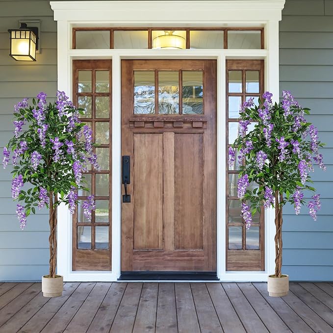 Goplus 5.5FT Ficus Artificial Tree, 2 Pack Faux Wisteria Tree in Nursery Pot with Blooming Flowers, Fake Potted Tree Greenery Floor Plant for Indoor Home Office Porch Living Room Decor