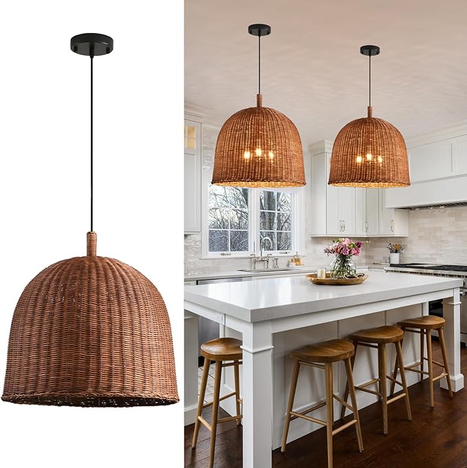 17" Rattan Pendant Light Fixtures, 3-Lights Boho Chandelier Hand Woven Pendant Light Farmhouse Hanging Light for Living Room Kitchen Island Dining Room Hallway