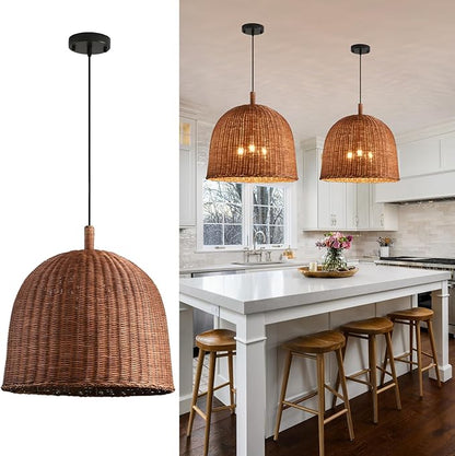 17" Rattan Pendant Light Fixtures, 3-Lights Boho Chandelier Hand Woven Pendant Light Farmhouse Hanging Light for Living Room Kitchen Island Dining Room Hallway