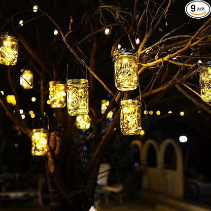 Cooo 9 Pack Solar Lanterns Outdoor Waterproof Upgraded Crystal Glass Solar Mason Jar Lights 30 LED 215% Larger SolarPanel, Anti-Rust Lid Hanging Outdoor Lanterns for Patio Garden Christmas Decorations