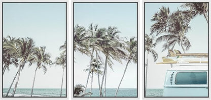 Ashbrook Framed Canvas Print Wall Art Set Retro Road Trip Palm Tree Beach Vacation Nature Wilderness Photography Realism Decorative Nautical Calm/Relax/Cozy for Bedroom - 16"x24"x3 WHITE