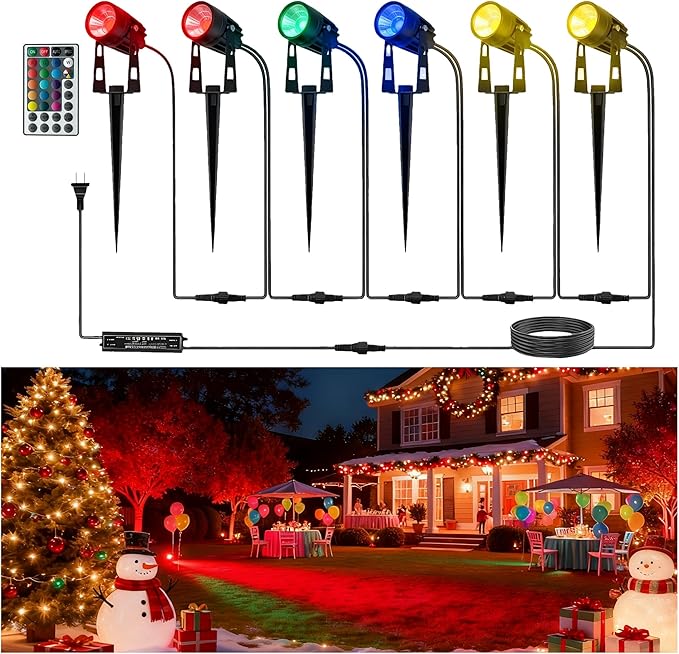 L LOHAS LED RGB Dusk to Dawn Low Voltage Landscape Lighting, IP65 Outdoor Spotlight with Transformers&Remote Control, Color Changing Timing Plug in Spotlights for Yard Backyard Pathway 6Pack