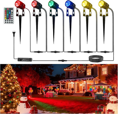 L LOHAS LED RGB Dusk to Dawn Low Voltage Landscape Lighting, IP65 Outdoor Spotlight with Transformers&Remote Control, Color Changing Timing Plug in Spotlights for Yard Backyard Pathway 6Pack