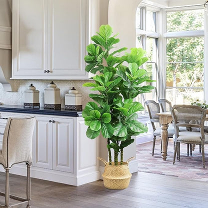 ROOMTEC Artificial Fiddle Leaf Fig Tree,6 FT Tall Artificial Tree with Woven Seagrass Plant Basket Fake Floor Plant in Pot for Home Decor Living Room Indoor Outdoor Office Bedroom Decor