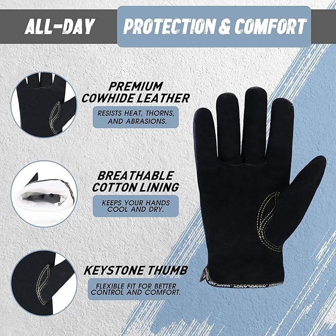 HLDD HANDLANDY 2 Pairs Leather Work Gloves for Men & Women, Reinforced Durable Palm for Welding, Farm, Gardening, Driving