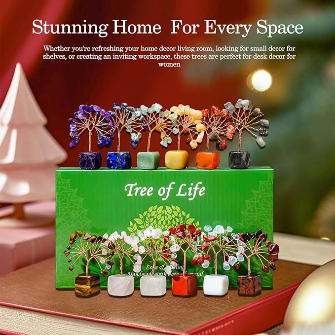 Runyangshi 12pcs Crystal Tree of Life Set for Living Room Bedroom Office Desk Home Decoration Natural Crystals and Healing Gemstones Bring Good Luck Feng Shui Energy Protection Gift for Mom and Woman