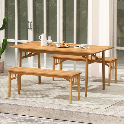 Tangkula Outdoor Acacia Wood Bench, 48” Patio Dining Bench with Slatted Seat, Backless Wooden Entryway Bench, Farmhouse Indoor Outdoor Furniture for Garden, Poolside, Park & Deck