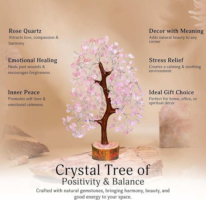 YATSKIA Rose Quartz Tree, Rose Quarts Crystal, Stone Crystal Money Tree - Feng Shui Decor - Spiritual Gift, Home Office Decor - 10-12 Inch Approx
