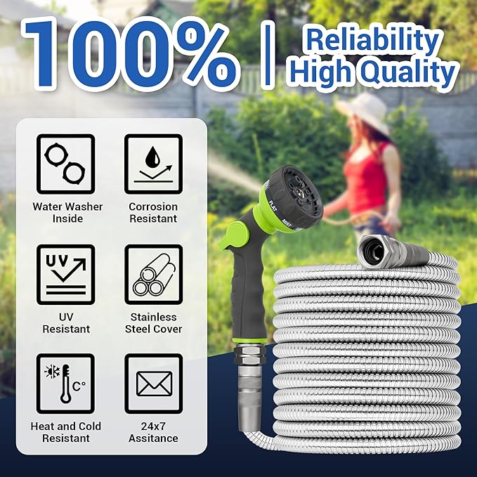 100 FT Stainless Steel Garden Hose – Long Reach 304 Steel Metal Water Hose, No-Kink, Leak-Proof Swivel Fittings, Puncture Resistant, 8-Pattern Nozzle for Large Yards, Driveways, Farm Tasks