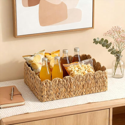 Scalloped Basket, Wicker Storage Baskets, Hand Woven Baskets for Shelves,Natural Baskets for Organizing (Water Hyacinth(M-14" L x 10.5" W x 6" H))