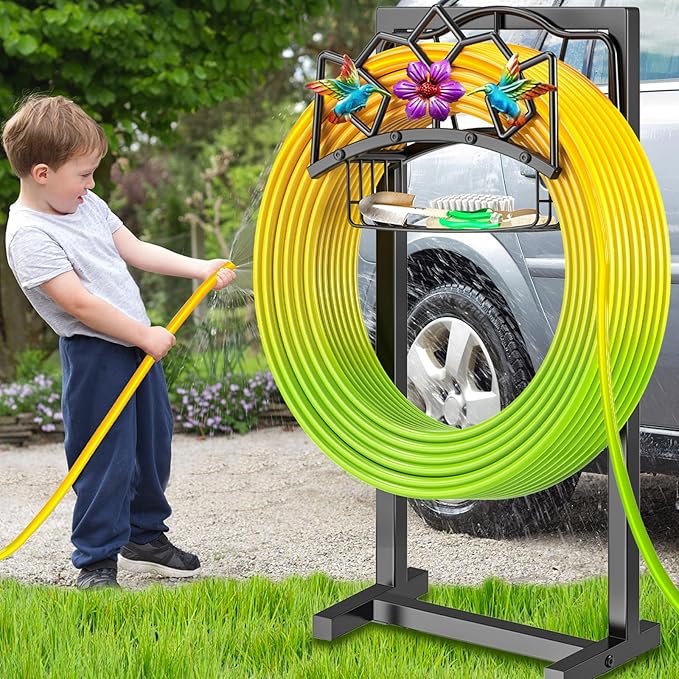 Garden Hose Holder, Heavy Duty Metal Water Hose Holder with Storage Basket, Freestanding Hose Stand Hanger, Sturdy Hoses Storage Rack 150-feet for Outside Yard Lawn