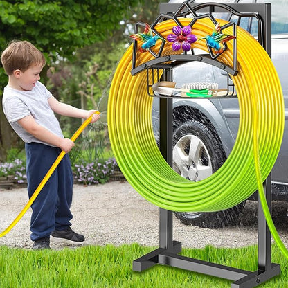 Garden Hose Holder, Heavy Duty Metal Water Hose Holder with Storage Basket, Freestanding Hose Stand Hanger, Sturdy Hoses Storage Rack 150-feet for Outside Yard Lawn