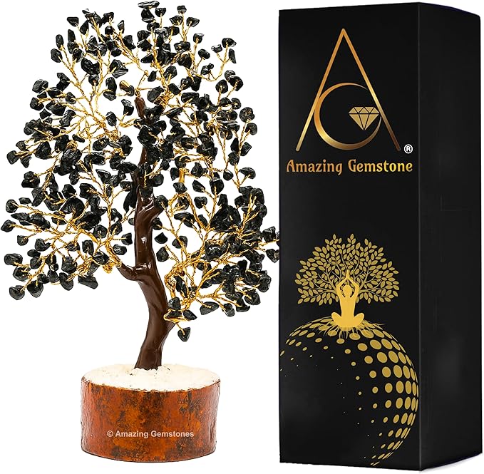 Black Tourmaline Natural Healing Premium Crystal Bonsai Feng Shui Fortune Money Tree of Life for Home Office Decor (Gift Box Ready,10-12 Inch)