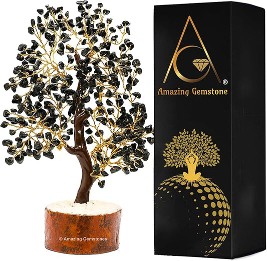 Black Tourmaline Natural Healing Premium Crystal Bonsai Feng Shui Fortune Money Tree of Life for Home Office Decor (Gift Box Ready,10-12 Inch)