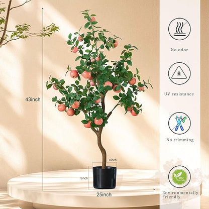 Artificial Apple Tree, 43 Inch Tall Decorative Fruit Plant with Realistic Green Leaves, UV Resistant Indoor Home Decor with Black Pot, No Trimming Required (Pink Apple)