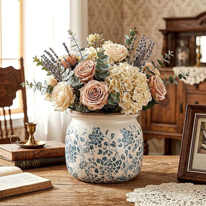 7.7" Large Ceramic Plant Pot Beige Green Vintage Peony Crackle Glaze Rustic Flowers Pot Decorative Planter with Drainage for Indoor Outdoor Plants Home Kitchen Office Decor Gift