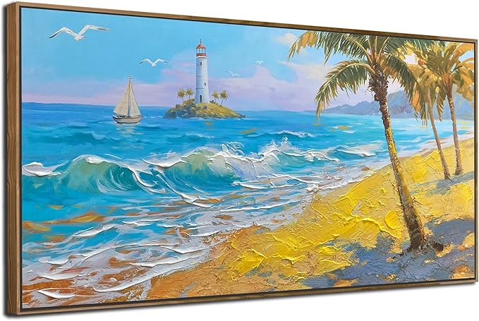 Brushart Beach Nautical Wall Art for Living Room Large Coastal Bedroom Pictures Paintings Wall Decor Ocean Textured Artwork for Dining Room Walls Home Office, Framed 48"x24"