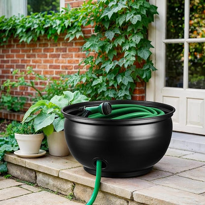 Monarch Abode Garden Hose Holder with Lid – Decorative Water Hose Holders for Outside, Smooth Metal Matte Black Pot with Drainage, 100ft Waterhose Holder for Outside, Garden Storage Caddy